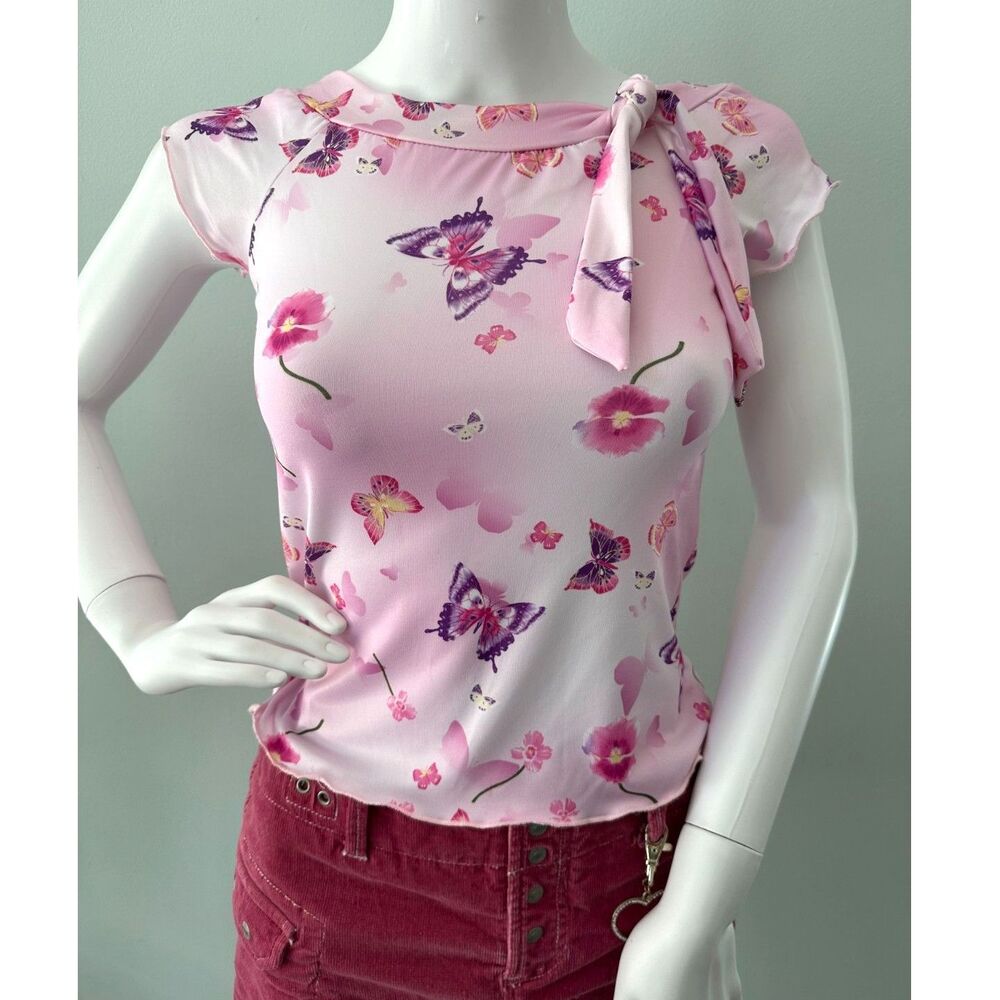 Vintage Y2K Pink Butterfly Floral Tie-Neck Cap Sleeve Top Blouse size XS JR